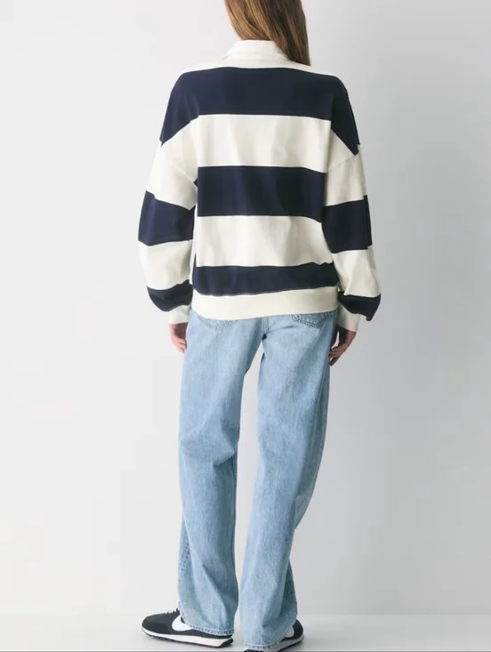 Aritzia TNA Striped Rugby Sweater in Navy and Cream - Women - Picture 2 of 5